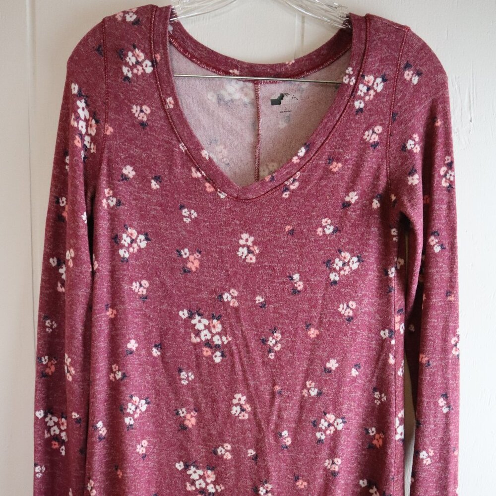 Mauve Floral Long Sleeve Tunic Dress Womens Small Cottagecore Top V-Neck